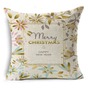 Linen Christmas pillowcase detail featuring Merry Christmas and Happy New Year text