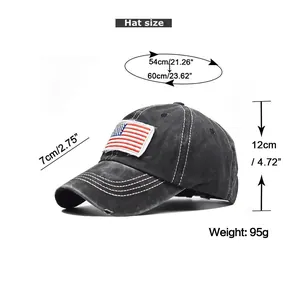 Size chart for washed cotton baseball cap with dimensions for head circumference and brim