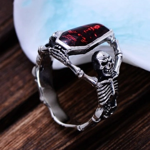 Gothic vampire coffin ring with skull and red stone in vintage silver punk style