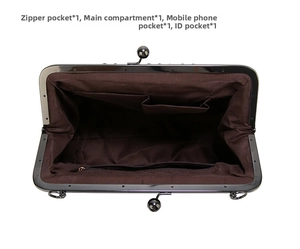 Interior view of women's frame handbag showing zipper pocket and phone compartment