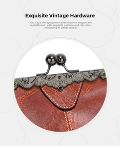 Detail of vintage gunmetal hardware with embossed patterns on red-brown leather bag