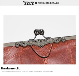 Detail of vintage brown leather handbag featuring a gun-metal clasp with embossed patterns