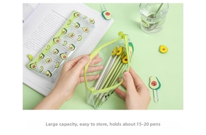 Detailed view of large capacity transparent PVC pencil case with green avocado prints