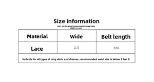 Size chart for lace waist belt with 2.5cm width and 160cm length for women dresses