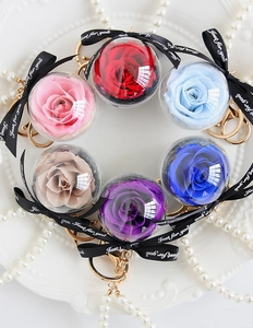 Preserved flower keychains with roses in transparent spheres arranged in six colors