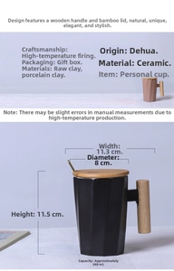 Detail view of 380ml geometric ceramic mug with wooden handle and bamboo lid measurements