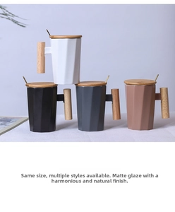 Matte ceramic mug set with wooden handle and gold spoon in black and white finish