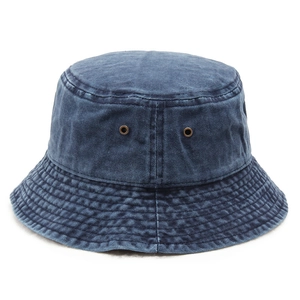 Classic washed denim bucket hat in deep blue with metal eyelets and stitching detail