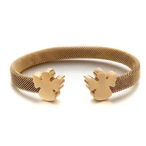 Angel Charm Mesh Bracelet Stainless Steel 18K Gold Plated Open Cuff Adjustable Fashion Jewelry Women