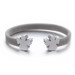 Fashionable mesh stainless steel angel wing open bangle bracelet with a silver finish