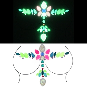 Luminous multicolor resin body jewels and face gems for festivals shown in day and night views