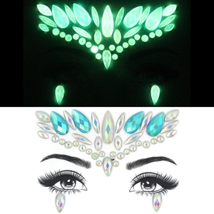 Detailed comparison of glowing luminous resin facial rhinestones in dark and light settings