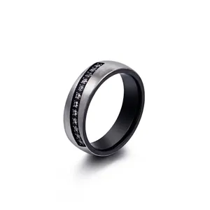 Men Fashion Ring 316L Stainless Steel Brushed Surface Zircon Inlay Two Tone Minimalist Jewelry