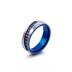 Silver and blue stainless steel ring with micro-paved cubic zirconia stones