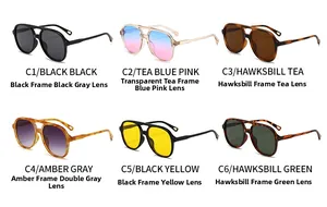Six assorted color variants of double-bridge oval aviator sunglasses in a 2x3 grid display