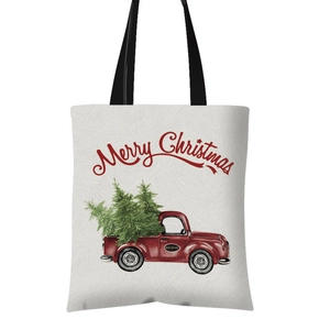 Christmas canvas tote bag with vintage red truck and Merry Christmas festive print