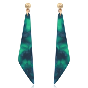 Long green marble textured acetate drop earrings with elegant golden metal studs