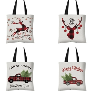Christmas Canvas Tote Bag Reindeer Truck Snowflake Buffalo Plaid Pattern Reusable Grocery Shopping Gift Handbag