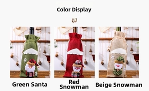 Three-piece burlap Christmas wine bottle bags with plush Santa and Snowman designs