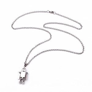 Silver robot pendant necklace with a polished metal finish for men and women