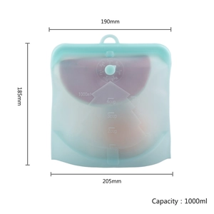 Blue 1000ml silicone food storage bag with precise volume scales and date markers