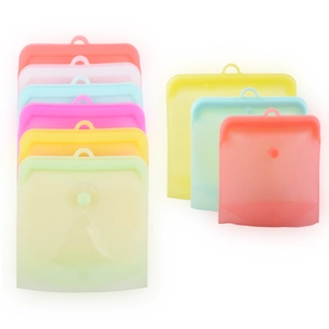 Detail of colorful silicone food storage bags with embossed measuring scale and tree pattern
