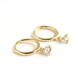 S925 sterling silver gold hoop earrings with zircon pendants on white background