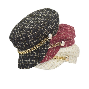 Chic tweed baker boy caps with metallic gold chain and textured check pattern in three colors