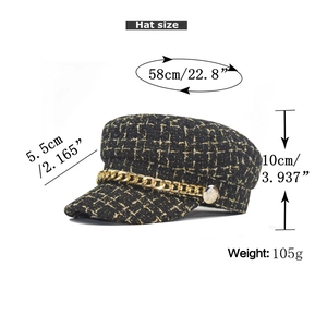 Detail view of tweed newsboy hat with gold chain, showing 58cm size and dimensions