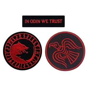 Viking In Odin We Trust tactical embroidery patch set in classic red and black theme