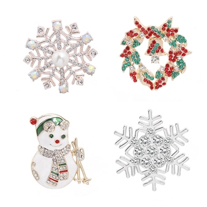 Christmas brooch set featuring snowflake, wreath and snowman with pearls and crystals