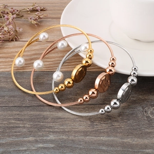 18k gold plated wire bracelets with pearls and round coin charms in three colors