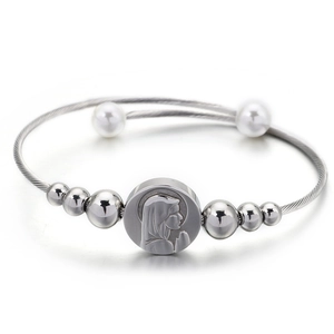 Silver steel wire rope bracelet with Virgin Mary medallion and faux pearls