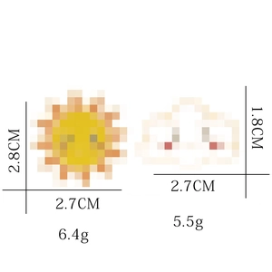 Detail view of cartoon sun and cloud brooch sizes: sun 2.8x2.7cm and cloud 1.8x2.7cm