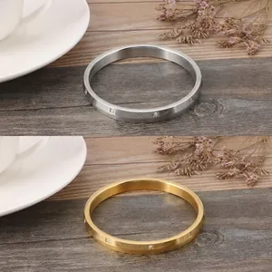 Detail of 18K gold plated stainless steel bracelets with clear zircon inlays and brushed finish