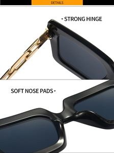 Détails des charnières en chaîne dorée et des plaquettes de nez souples sur lunettes noires