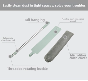 Exploded view of retractable gap duster with aluminum rod and microfiber cloth