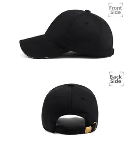 Detail view of black baseball cap with side printing and adjustable metal buckle