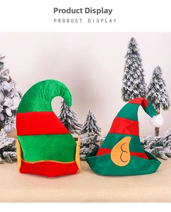 Detailed view of red and green striped Christmas elf hats with soft felt and elf ears