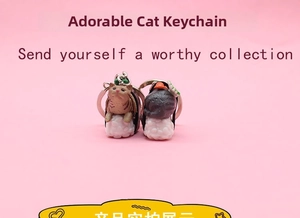 Detailed view of two cute cat sushi resin keychains with salmon and seaweed roll motifs