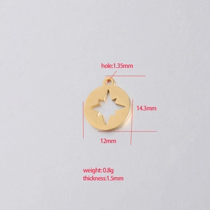 Golden stainless steel compass pendant with detailed dimensions and 14.3mm diameter