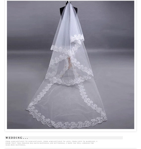 Detailed view of white bridal veil featuring elegant lace borders on sheer tulle fabric