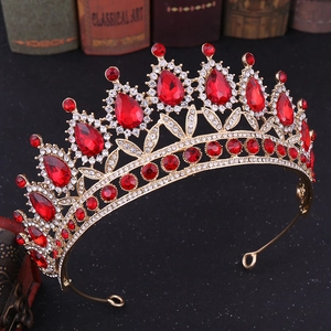 Baroque gold bridal crown with brilliant red crystals and white rhinestones for weddings