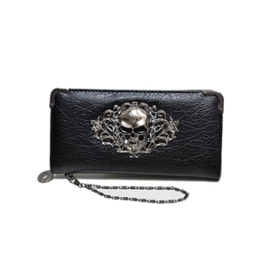 Punk style long black leather wallet with large silver skull and wrist chain strap