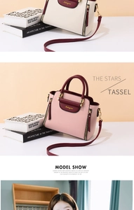 Detail view of stylish color-block tote bags with round handles and adjustable straps