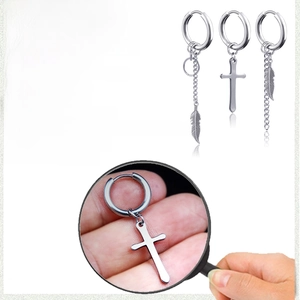 Detailed specs of silver stainless steel earrings with cross and feather pendants