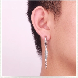 Silver stainless steel chain earrings with feather pendant in punk tassel style