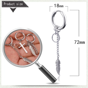 Detailed view of silver hoop earring with chain and leaf pendant showing 72mm length size