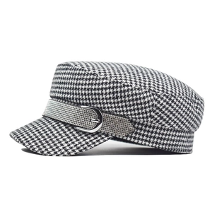 Vintage houndstooth beret hat for women with sparkling rhinestone band and metal buckle