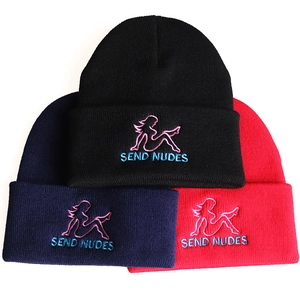 Send Nudes embroidered knit beanies in black, navy, and red displayed on white background